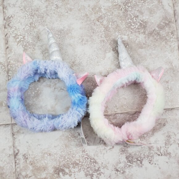 2 Childrens Elastic Faux Fur Fuzzy Hairband Headwrap Metallic Ears Unicorn Horn - Picture 1 of 7